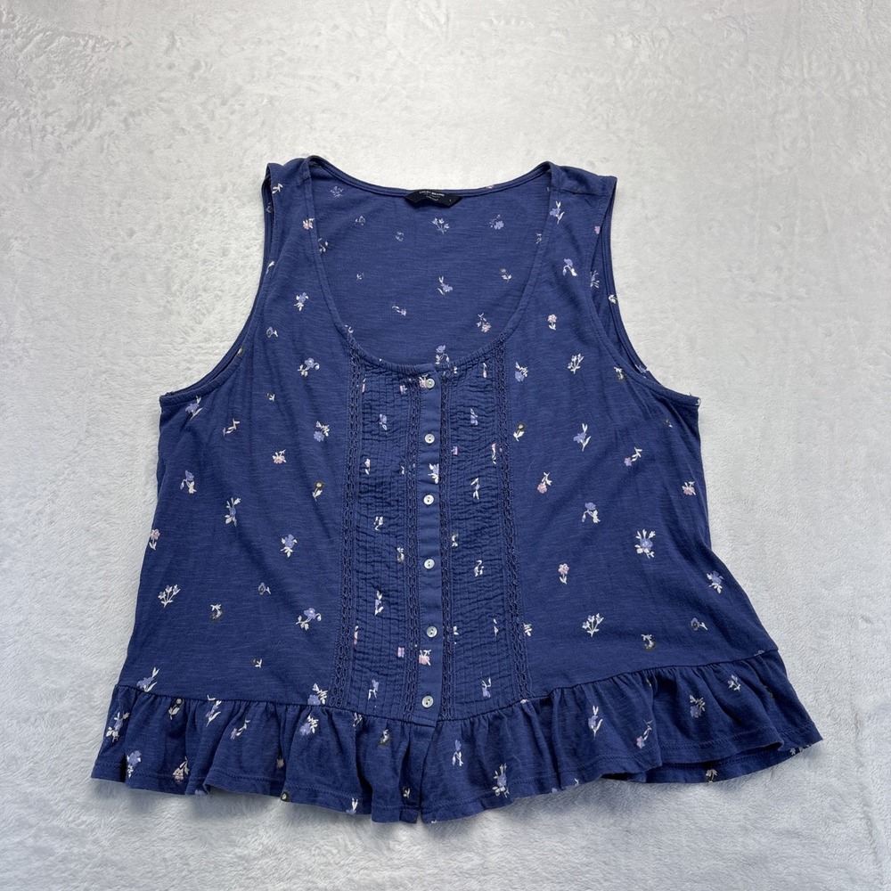 Lucky Brand Tank Top Women's Large Navy Blue Floral Buttons With Ruffle